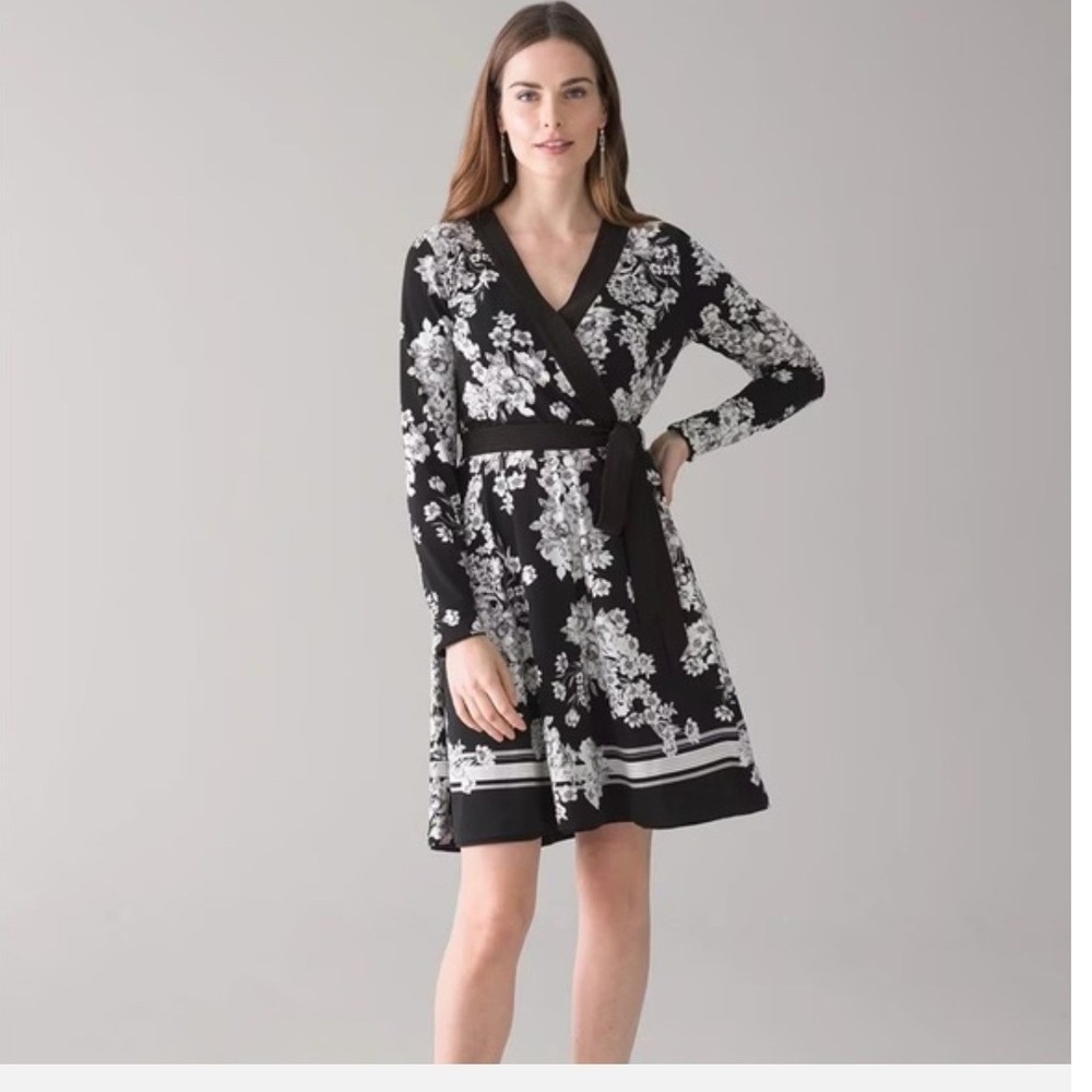White House Black Market Reversible Dress 8 Black Floral Matte Jersey Faux Wrap